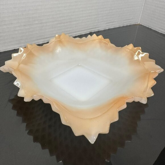 VTG Indiana Glass Iridescent Milk Glass Dish Diamond Point Sawtooth Edge 8" - Picture 5 of 6